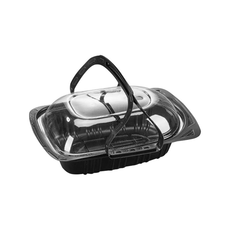 নিষ্পত্তিযোগ্য প্লাস্টিকের হাতে রাখা রোস্টেড মুরগির পাত্র